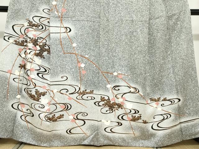 平和屋着物●訪問着　流水群れ鳥草花文　暈し染め　黒地　金彩　正絹　逸品　DABD9371ud