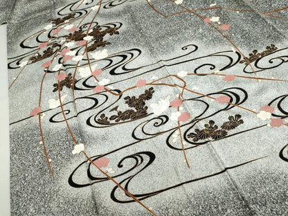 平和屋着物●訪問着　流水群れ鳥草花文　暈し染め　黒地　金彩　正絹　逸品　DABD9371ud