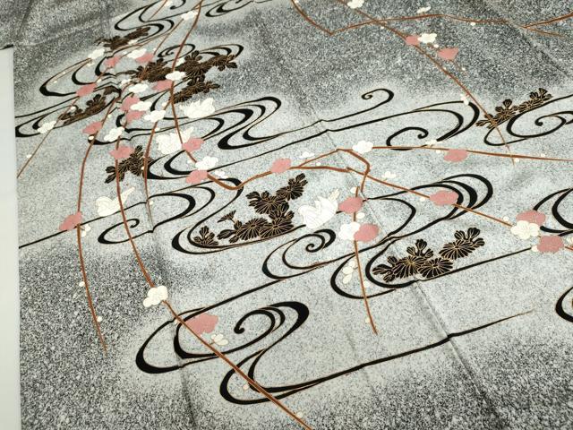 平和屋着物●訪問着　流水群れ鳥草花文　暈し染め　黒地　金彩　正絹　逸品　DABD9371ud