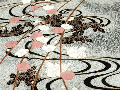 平和屋着物●訪問着　流水群れ鳥草花文　暈し染め　黒地　金彩　正絹　逸品　DABD9371ud