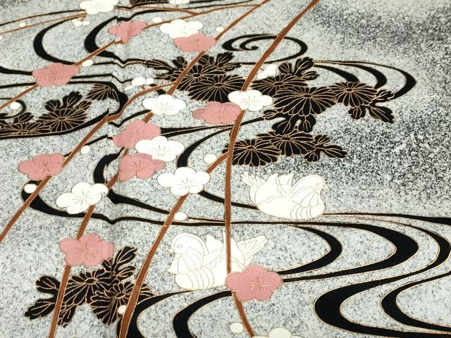平和屋着物●訪問着　流水群れ鳥草花文　暈し染め　黒地　金彩　正絹　逸品　DABD9371ud
