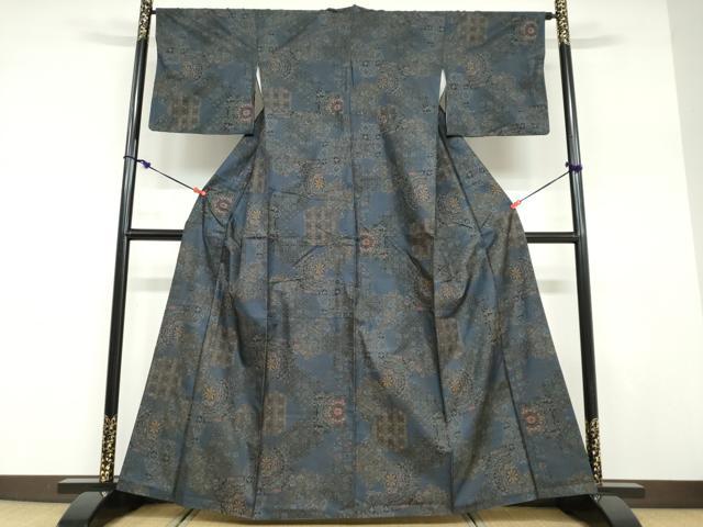 平和屋着物▽本場大島紬　単衣　9マルキ　舞葉文　正絹　逸品　AABB2121fy 平和屋着物○本場大島紬 9マルキ 泥染め 菱花文 久野織物謹製 証紙付き