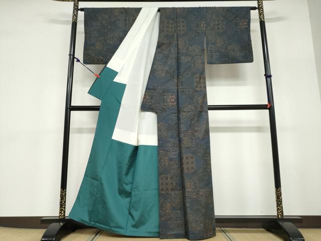 平和屋着物▽本場大島紬　単衣　9マルキ　風景文　正絹　逸品　DAAU6406sf 平和屋着物○本場大島紬 9マルキ 泥染め 菱花文 久野織物謹製 証紙付き
