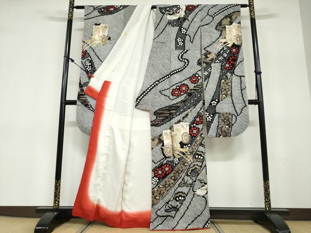 平和屋着物○豪華振袖 絞り 飛鶴御所車草花文 黒地 金銀彩 正絹