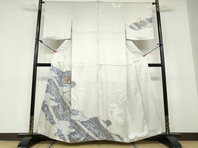 平和屋着物●訪問着　絞り　刺繍　雲取草花文　金彩　正絹　逸品　DABD9382ud