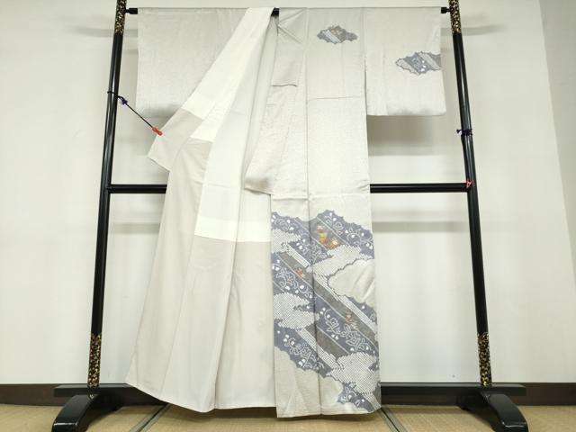 平和屋着物●訪問着　絞り　刺繍　雲取草花文　金彩　正絹　逸品　DABD9382ud