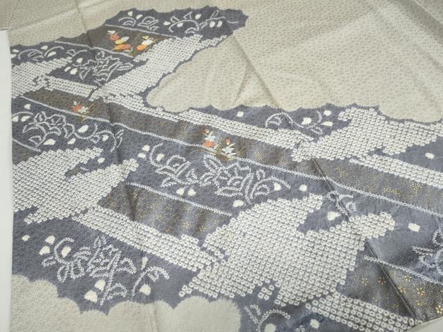 平和屋着物●訪問着　絞り　刺繍　雲取草花文　金彩　正絹　逸品　DABD9382ud