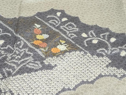 平和屋着物●訪問着　絞り　刺繍　雲取草花文　金彩　正絹　逸品　DABD9382ud