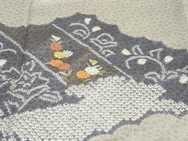 平和屋着物●訪問着　絞り　刺繍　雲取草花文　金彩　正絹　逸品　DABD9382ud