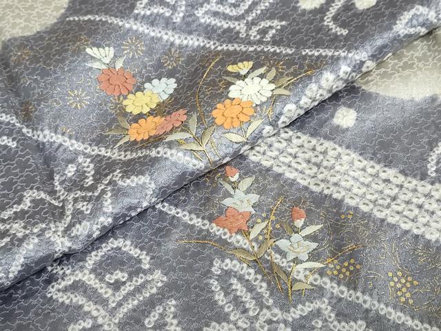 平和屋着物●訪問着　絞り　刺繍　雲取草花文　金彩　正絹　逸品　DABD9382ud