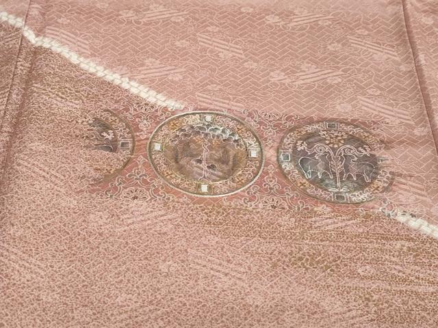 平和屋着物●訪問着　絞り　刺繍　動物花絵皿文　金彩　正絹　逸品　DABD9386ud
