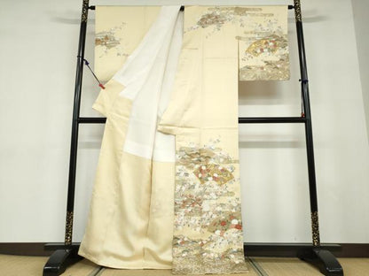 平和屋着物●訪問着　作家物　駒刺繍　地紙草花文　金彩　正絹　逸品　DABD9387ud