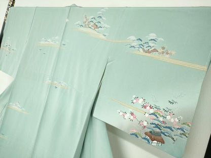 平和屋着物●中国三大刺繍　蘇州刺繍　訪問着　作家物　流水風景草花文　暈し染め　金糸　正絹　逸品　未使用　DABD9390ud