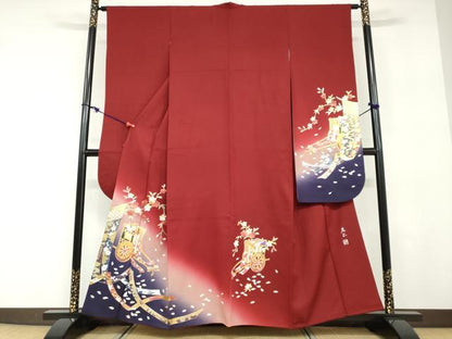 平和屋着物●金彩友禅　卓越技能者・名工・和田光正　振袖　几帳御所車草花文　暈し染め　金彩　京都きもの友禅扱い　正絹　逸品　DABD9392ud
