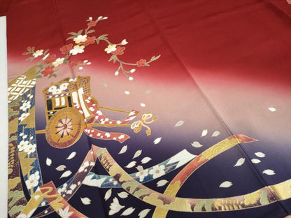 平和屋着物●金彩友禅　卓越技能者・名工・和田光正　振袖　几帳御所車草花文　暈し染め　金彩　京都きもの友禅扱い　正絹　逸品　DABD9392ud