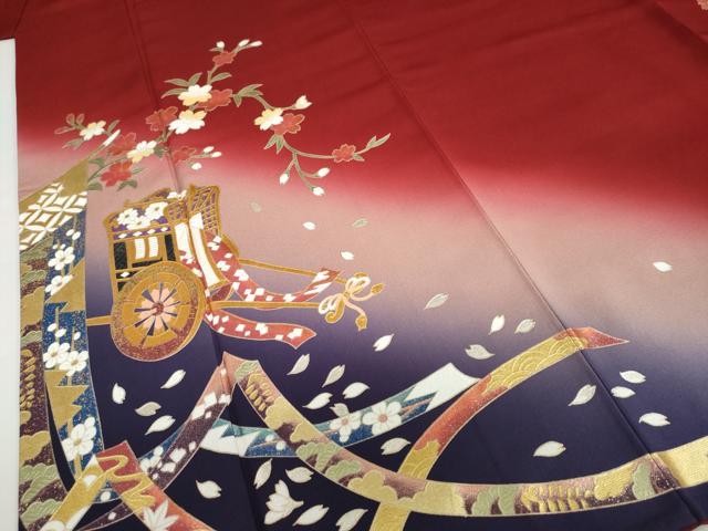 平和屋着物●金彩友禅　卓越技能者・名工・和田光正　振袖　几帳御所車草花文　暈し染め　金彩　京都きもの友禅扱い　正絹　逸品　DABD9392ud