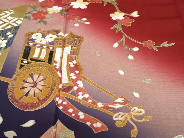 平和屋着物●金彩友禅　卓越技能者・名工・和田光正　振袖　几帳御所車草花文　暈し染め　金彩　京都きもの友禅扱い　正絹　逸品　DABD9392ud