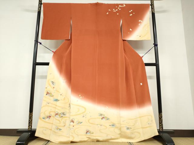 平和屋着物●訪問着　作家物　流水群れ鳥草花文　暈し染め　金彩　鬼しぼ縮緬　正絹　逸品　DABD9401ud