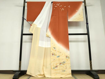 平和屋着物●訪問着　作家物　流水群れ鳥草花文　暈し染め　金彩　鬼しぼ縮緬　正絹　逸品　DABD9401ud