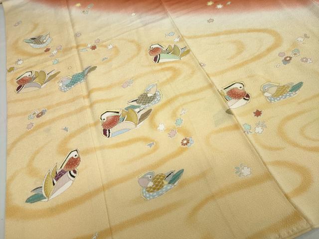 平和屋着物●訪問着　作家物　流水群れ鳥草花文　暈し染め　金彩　鬼しぼ縮緬　正絹　逸品　DABD9401ud