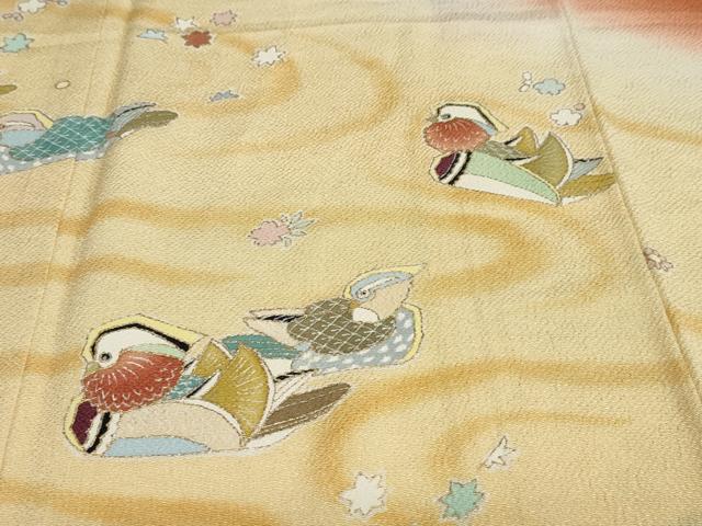 平和屋着物●訪問着　作家物　流水群れ鳥草花文　暈し染め　金彩　鬼しぼ縮緬　正絹　逸品　DABD9401ud