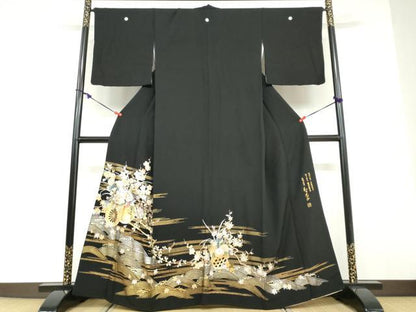 平和屋着物●金彩友禅　卓越技能者・名工・和田光正　黒留袖　立波花車文　金彩　正絹　逸品　DABD9406ud
