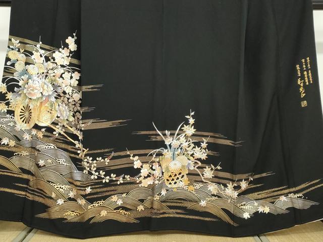平和屋着物●金彩友禅　卓越技能者・名工・和田光正　黒留袖　立波花車文　金彩　正絹　逸品　DABD9406ud