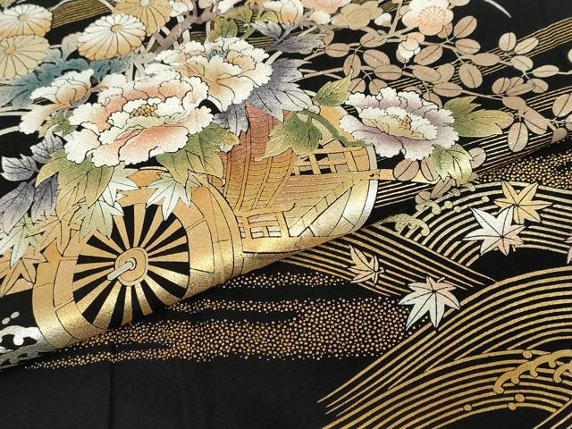 平和屋着物●金彩友禅　卓越技能者・名工・和田光正　黒留袖　立波花車文　金彩　正絹　逸品　DABD9406ud