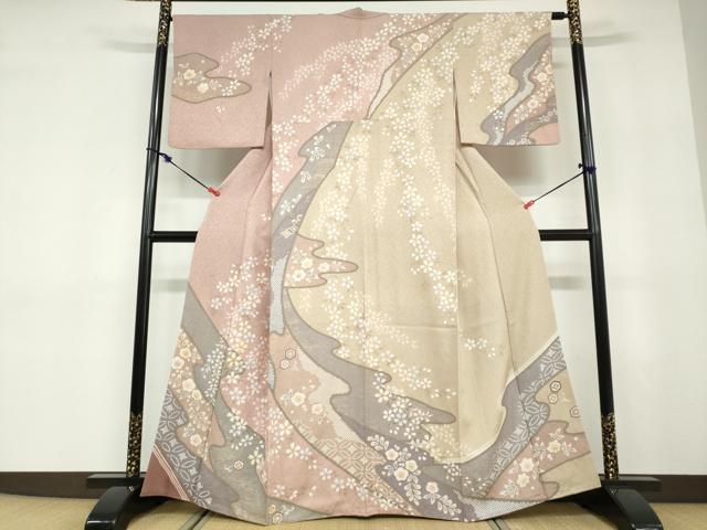 平和屋着物●訪問着　駒刺繍　絞り　流水吉祥草花文　金彩　正絹　逸品　DABD9412ud