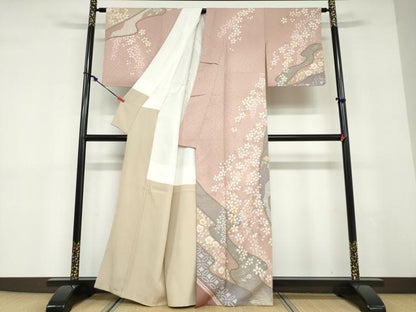 平和屋着物●訪問着　駒刺繍　絞り　流水吉祥草花文　金彩　正絹　逸品　DABD9412ud