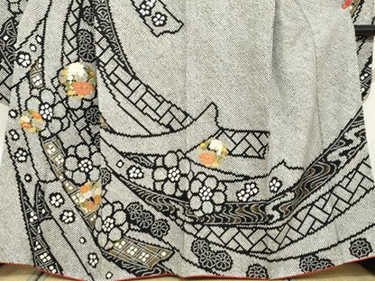 平和屋着物●豪華振袖　総絞り　駒刺繍　草花丸文　黒地　金彩　正絹　逸品　DABD9415ud