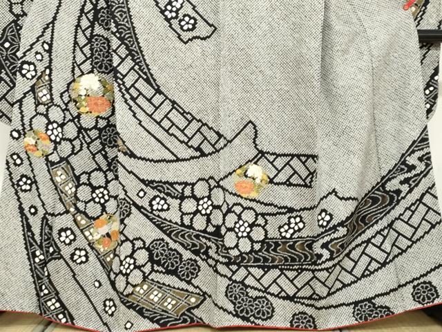 平和屋着物●豪華振袖　総絞り　駒刺繍　草花丸文　黒地　金彩　正絹　逸品　DABD9415ud