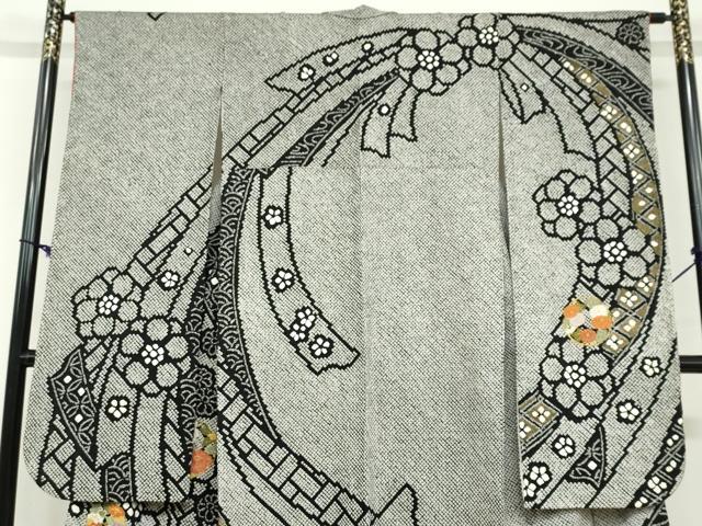 平和屋着物●豪華振袖　総絞り　駒刺繍　草花丸文　黒地　金彩　正絹　逸品　DABD9415ud