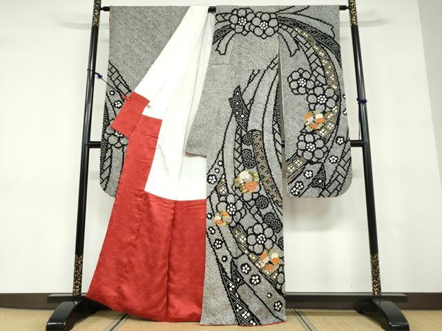 平和屋着物●豪華振袖　総絞り　駒刺繍　草花丸文　黒地　金彩　正絹　逸品　DABD9415ud
