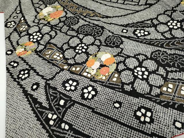 平和屋着物●豪華振袖　総絞り　駒刺繍　草花丸文　黒地　金彩　正絹　逸品　DABD9415ud