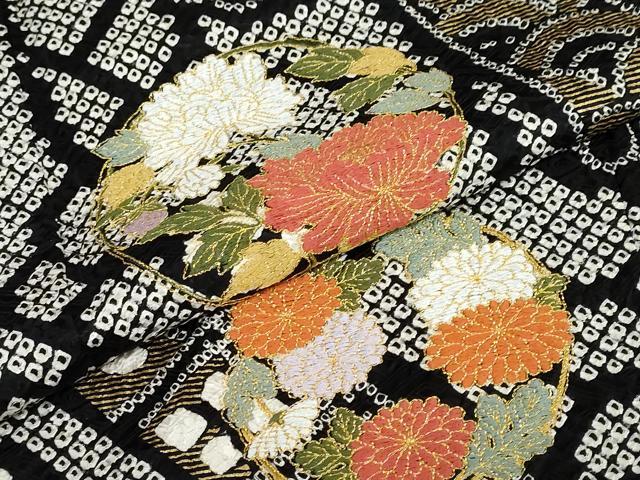 平和屋着物●豪華振袖　総絞り　駒刺繍　草花丸文　黒地　金彩　正絹　逸品　DABD9415ud