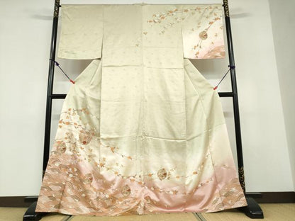平和屋着物●中国三大刺繍　汕頭刺繍　訪問着　流水花絵皿文　暈し染め　金彩　正絹　逸品　DABD9417ud