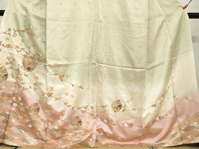 平和屋着物●中国三大刺繍　汕頭刺繍　訪問着　流水花絵皿文　暈し染め　金彩　正絹　逸品　DABD9417ud
