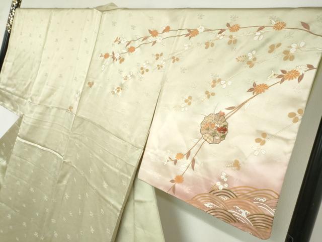平和屋着物●中国三大刺繍　汕頭刺繍　訪問着　流水花絵皿文　暈し染め　金彩　正絹　逸品　DABD9417ud