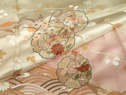平和屋着物●中国三大刺繍　汕頭刺繍　訪問着　流水花絵皿文　暈し染め　金彩　正絹　逸品　DABD9417ud