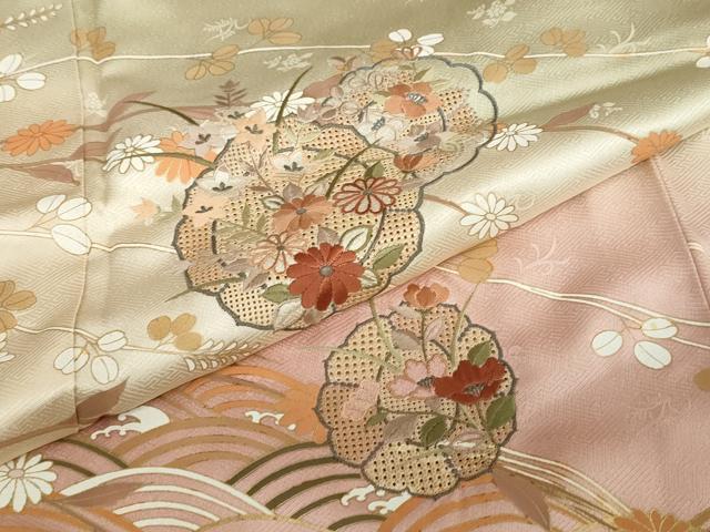 平和屋着物●中国三大刺繍　汕頭刺繍　訪問着　流水花絵皿文　暈し染め　金彩　正絹　逸品　DABD9417ud