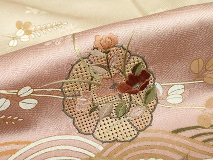 平和屋着物●中国三大刺繍　汕頭刺繍　訪問着　流水花絵皿文　暈し染め　金彩　正絹　逸品　DABD9417ud