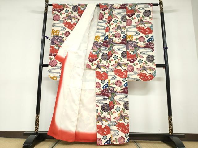 平和屋着物●豪華振袖　型染め　流水花鳥文　鬼しぼ縮緬　正絹　逸品　DABD9420ud