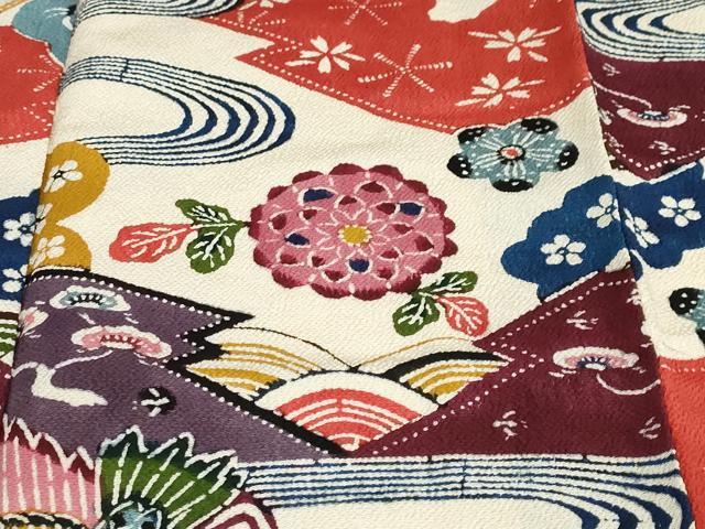 平和屋着物●豪華振袖　型染め　流水花鳥文　鬼しぼ縮緬　正絹　逸品　DABD9420ud