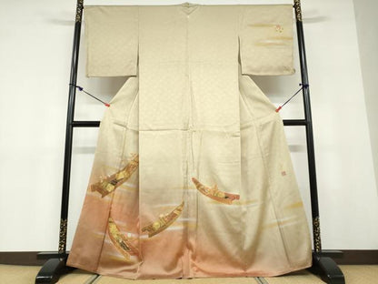 平和屋着物●人間国宝　福田喜三郎　訪問着　刺繍　草花小舟文　暈し染め　金彩　正絹　逸品　DABD9431ud