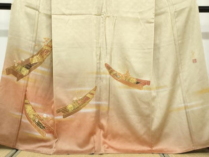 平和屋着物●人間国宝　福田喜三郎　訪問着　刺繍　草花小舟文　暈し染め　金彩　正絹　逸品　DABD9431ud