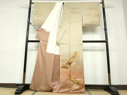 平和屋着物●人間国宝　福田喜三郎　訪問着　刺繍　草花小舟文　暈し染め　金彩　正絹　逸品　DABD9431ud