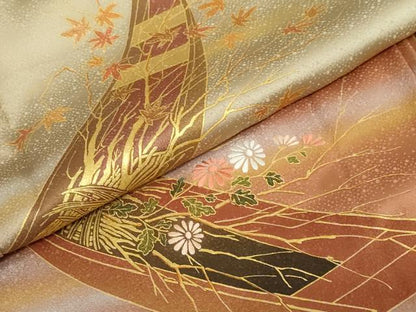 平和屋着物●人間国宝　福田喜三郎　訪問着　刺繍　草花小舟文　暈し染め　金彩　正絹　逸品　DABD9431ud
