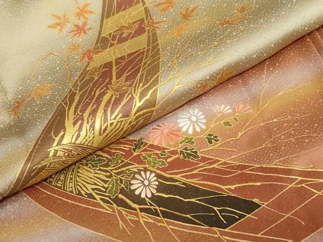 平和屋着物●人間国宝　福田喜三郎　訪問着　刺繍　草花小舟文　暈し染め　金彩　正絹　逸品　DABD9431ud