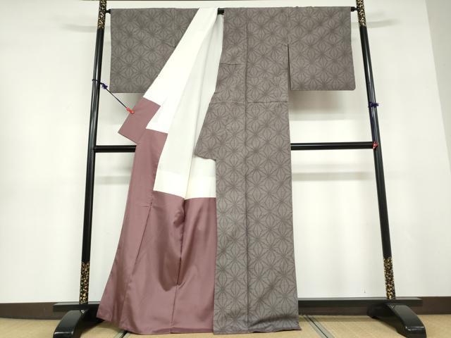平和屋着物●結城紬　80亀甲　麻の葉文様　反端付き　正絹　逸品　DABD9447ud